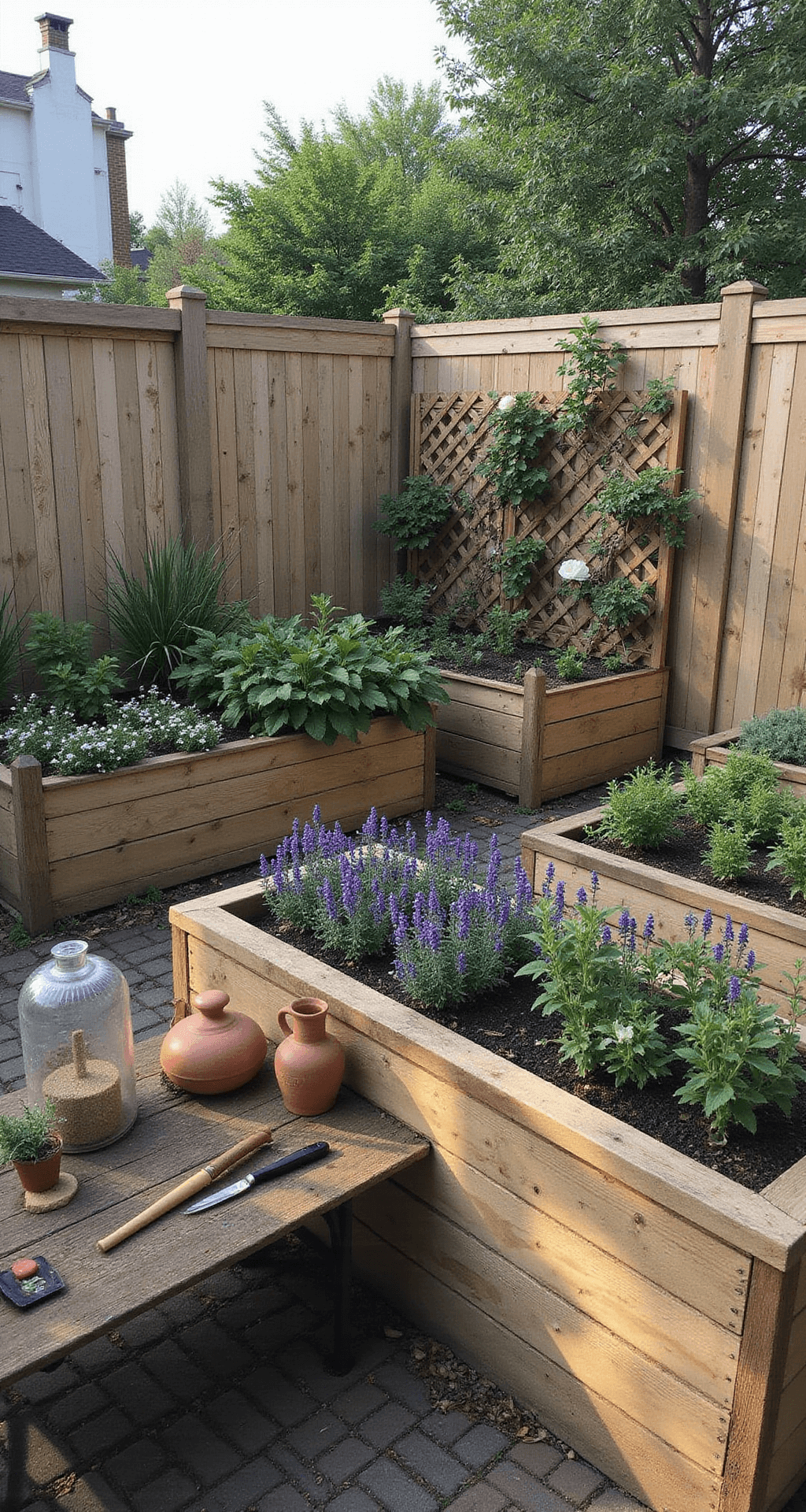 A morning kitchen garden scene featuring raised wooden beds adorned with climbing 'New Dawn' roses, surrounded by purple sage, thyme, and white alyssum. A rustic potting bench displays vintage clay pots and garden tools, with chicken wire cloches protecting young plants. The warm morning light highlights the textured wood grain, shot from a corner angle to showcase the geometric bed layout.