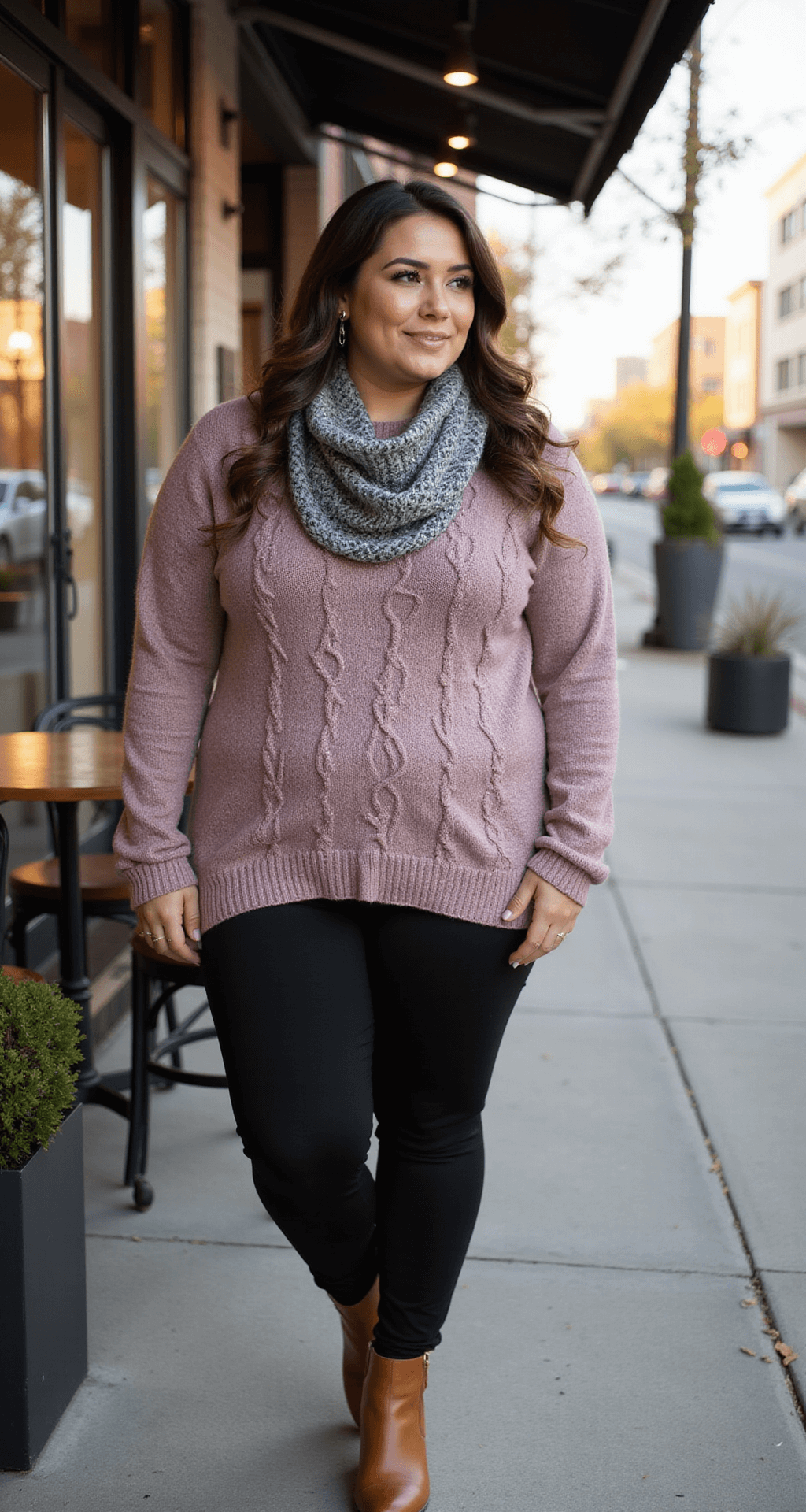 Plus-size woman in a chic urban café, wearing an oversized mauve cable-knit sweater, black high-waisted leggings, and cognac leather ankle boots, with a chunky gray infinity scarf. Warm golden afternoon light highlights her as she poses in three-quarter view.