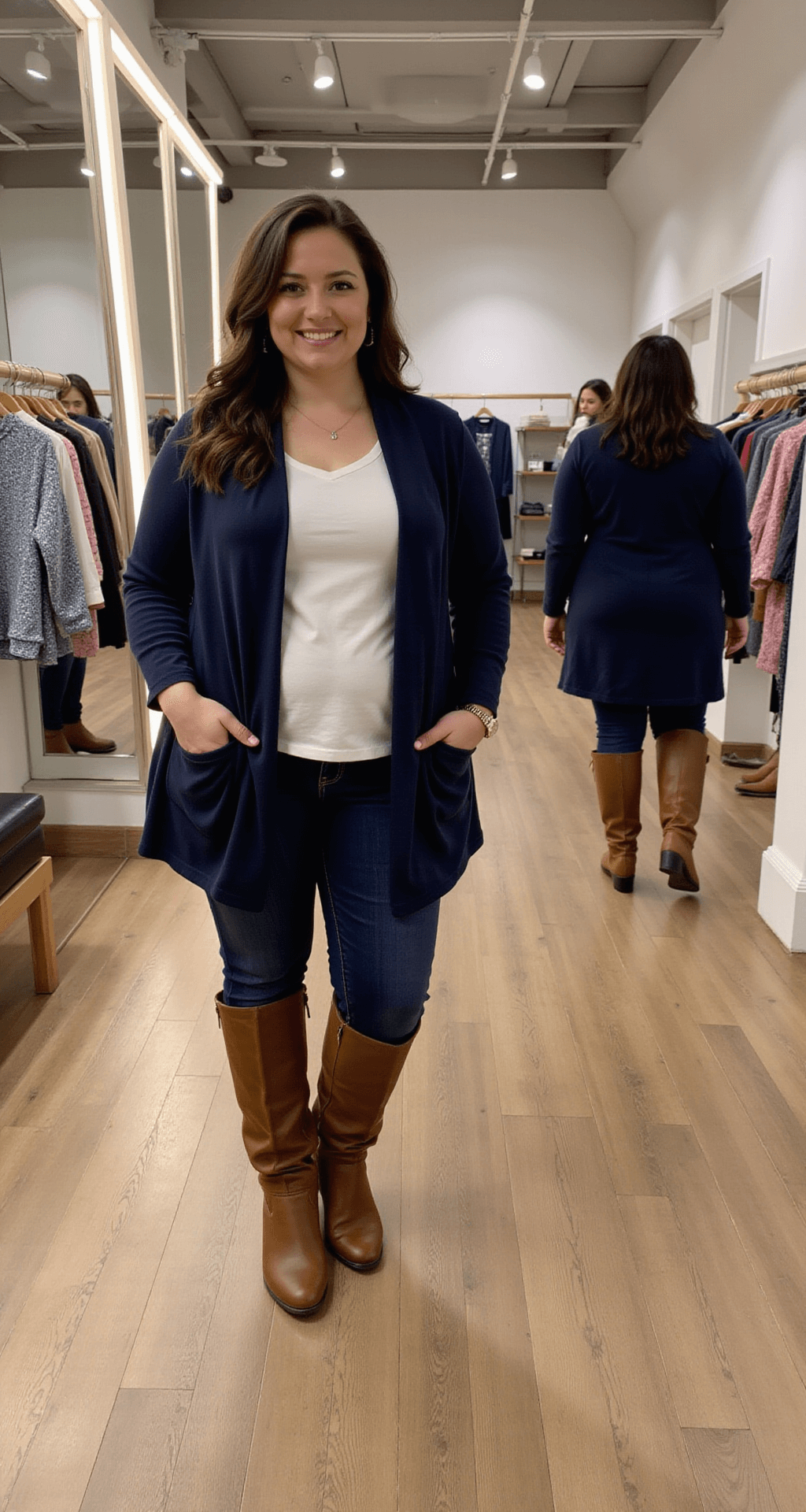 A confident plus-size woman tries on the 'Weekend Warrior' outfit in a spacious fitting room with warm LED lighting, wearing a navy tunic cardigan, white long-sleeve tee, dark stretchy jeans, and brown knee-high boots, captured from a slight low angle.