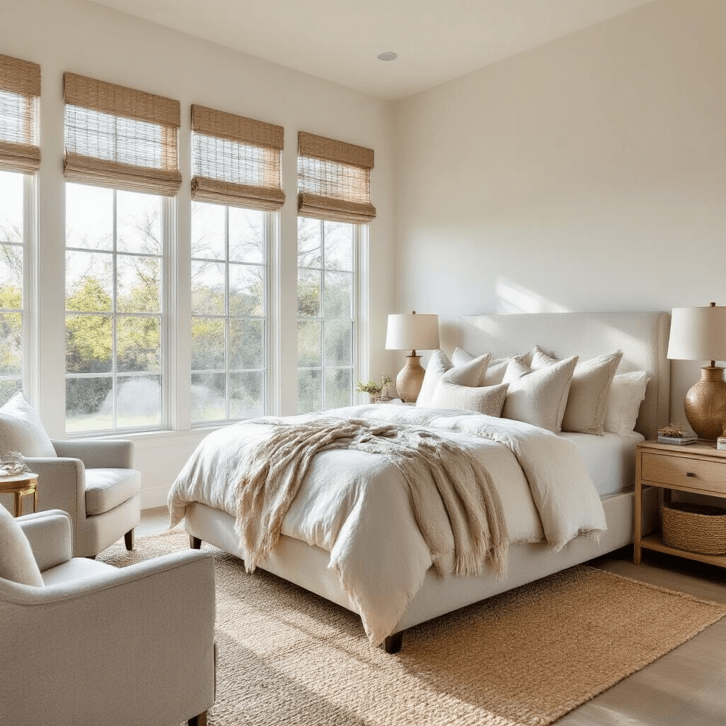 A serene master bedroom featuring a king-sized upholstered bed in oatmeal linen, warm white walls, light gray accent chairs, and a natural jute rug, illuminated by morning light streaming through floor-to-ceiling windows.
