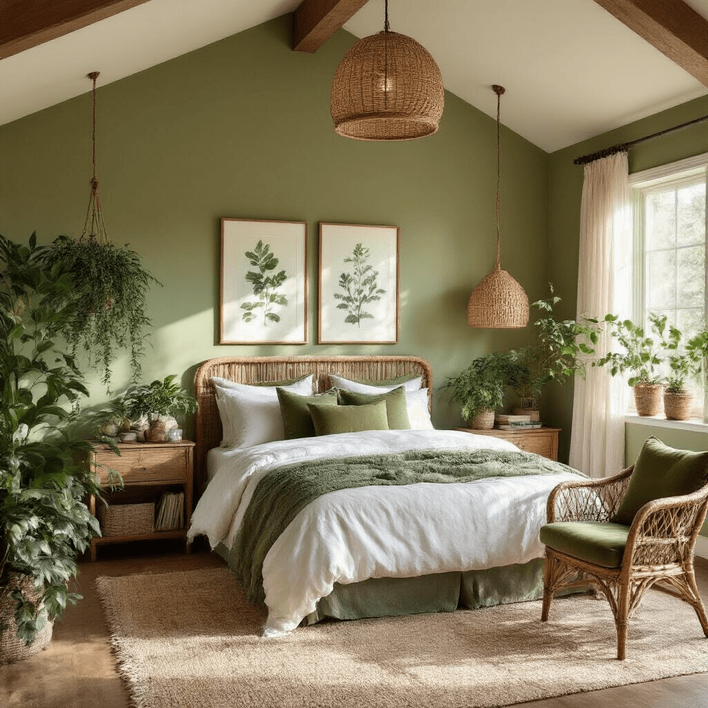 A serene bedroom featuring vaulted ceilings, sage green walls, and a queen bed with white linens and olive accents, illuminated by golden hour sunlight. Potted plants, botanical prints, and a woven rattan pendant light enhance the natural aesthetic, while a willow leaf green velvet chair and a weathered oak bookcase complete the inviting retreat.
