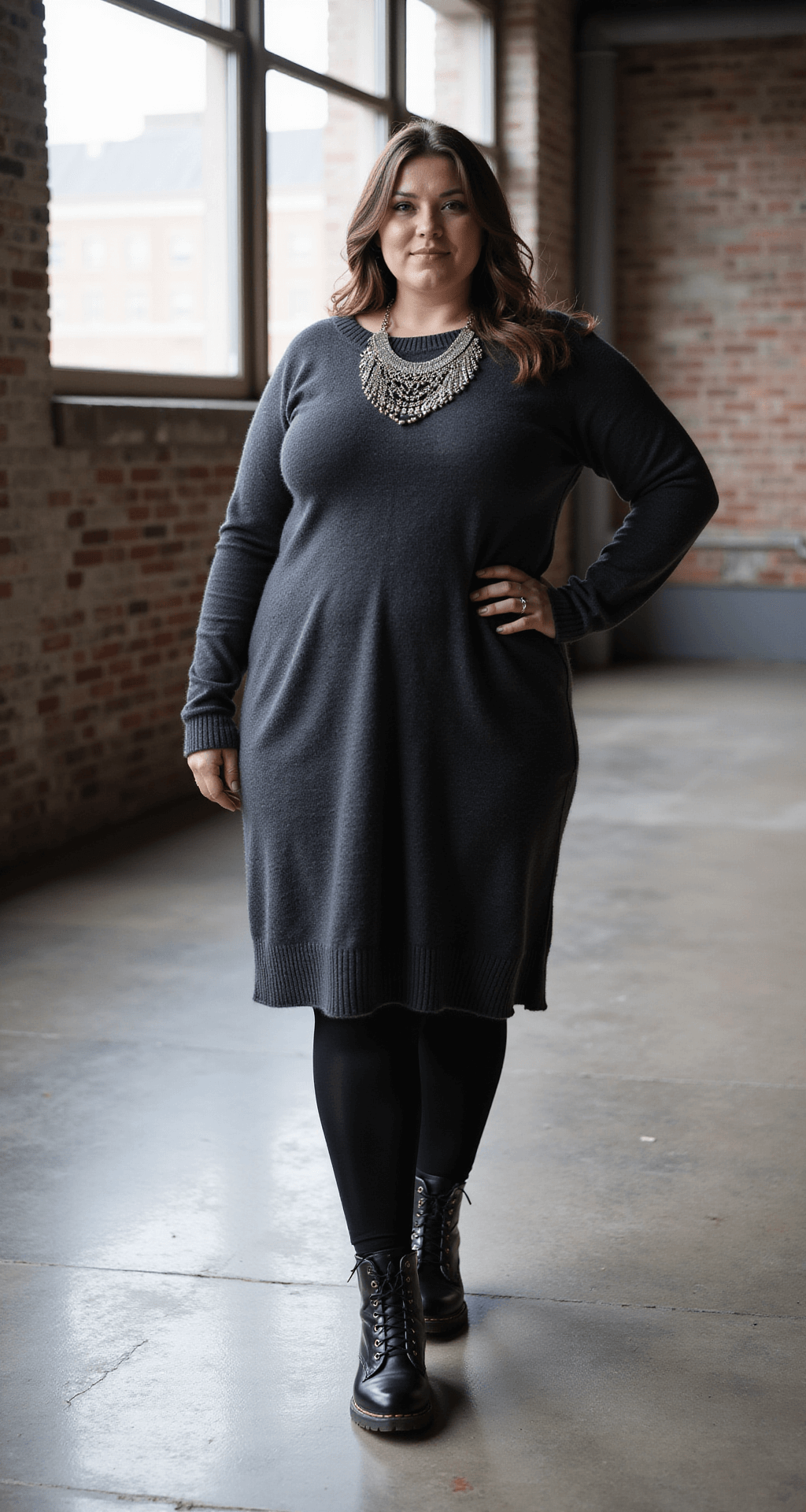 A plus-size model poses in an industrial-chic loft wearing a charcoal sweater dress above the knee, opaque black tights, and polished combat boots, accessorized with a silver statement necklace that catches soft light from large windows.
