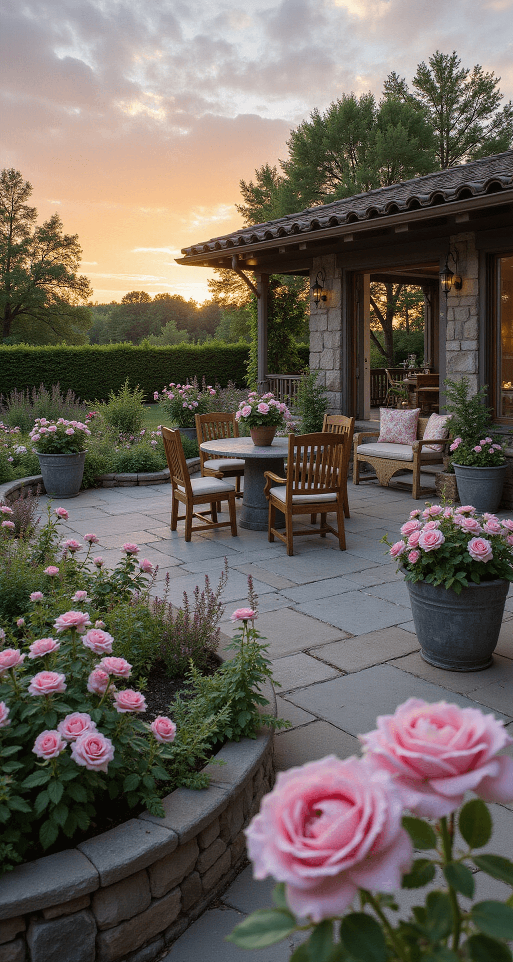 A wide-angle view of a sunset-lit terrace with a 30x20ft limestone patio, bordered by 'David Austin' roses in soft pastels, vintage zinc containers filled with trailing roses and clematis, weathered teak furniture around an antique stone fountain, and illuminated by copper lanterns, all captured in dramatic silhouettes during golden hour.