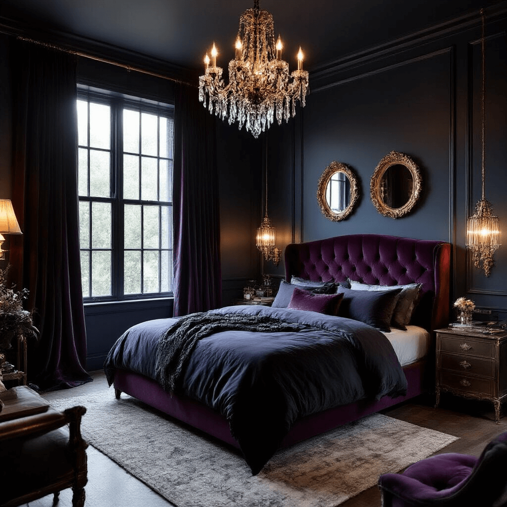 A sophisticated bedroom with deep navy walls, featuring a king bed with an aubergine velvet headboard and charcoal silk bedding, illuminated by a crystal chandelier at dusk. Antique brass mirrors and metallic accents enhance the luxurious atmosphere, while heavy velvet drapes frame tall windows. The elevated camera angle showcases the room's height and rich jewel tones, creating a dramatic and intimate mood.