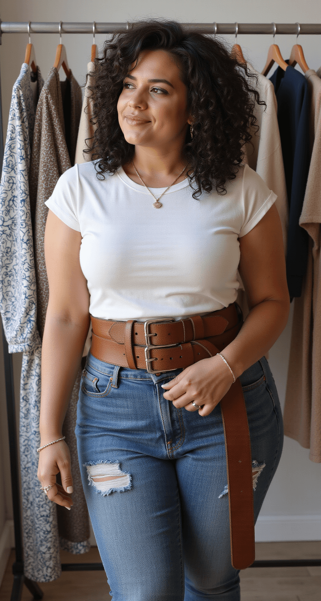 A plus-size fashion influencer styles a variety of wide belts in a contemporary home office, showcasing leather, elastic, and fabric options among patterned dresses and tops, with soft shadows from indirect natural light.