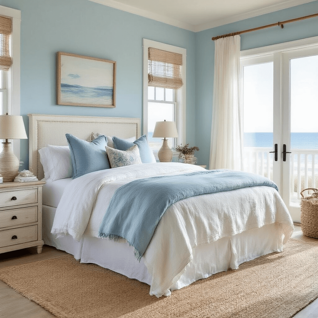 Bright corner bedroom with sky blue walls and sandy beige trim, featuring a white slipcovered queen bed layered in ocean-inspired blues, weathered white oak furniture, and nautical rope details. Sheer white curtains billow in the breeze, enhancing the fresh, airy atmosphere. The image captures the room from the doorway, showcasing natural light and beach-themed decor that complements outdoor views.