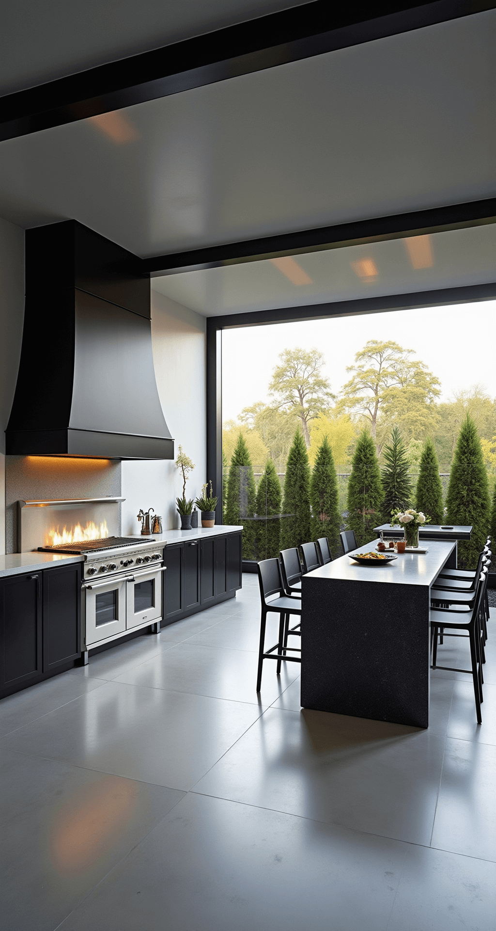 A modern outdoor kitchen patio featuring a sleek design with a linear gas fireplace, polished concrete flooring, stainless steel appliances, and geometric furniture, all in a cool gray and black color palette.
