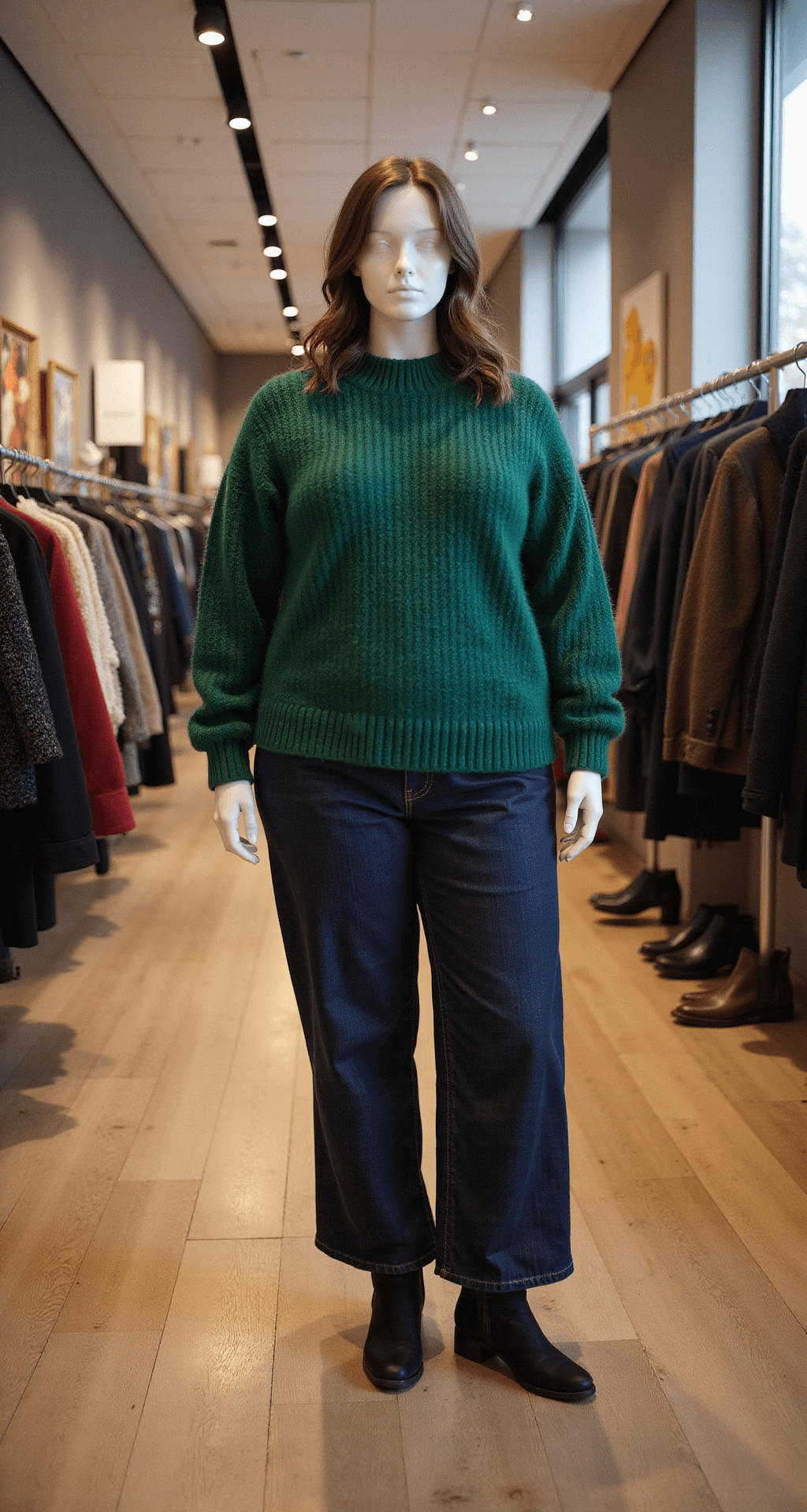 A modern retail space showcasing a curated plus-size winter collection, featuring racks of clothing from various brands, with a mannequin dressed in an emerald green sweater, dark wash jeans, and wide-calf boots. Warm lighting emphasizes the outfit's textures, captured in a documentary style with a 24mm wide-angle lens.