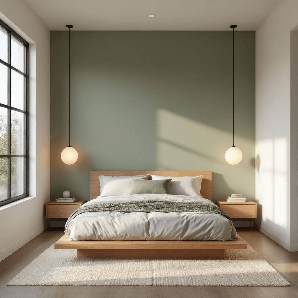 A modern Zen bedroom at dawn featuring a sage green accent wall, warm white walls, low-profile Japanese-inspired furniture in natural oak, minimalist pendant lights, and a textured cream wool rug, captured from a corner angle to emphasize clean lines and spatial flow with early morning light creating subtle shadows.