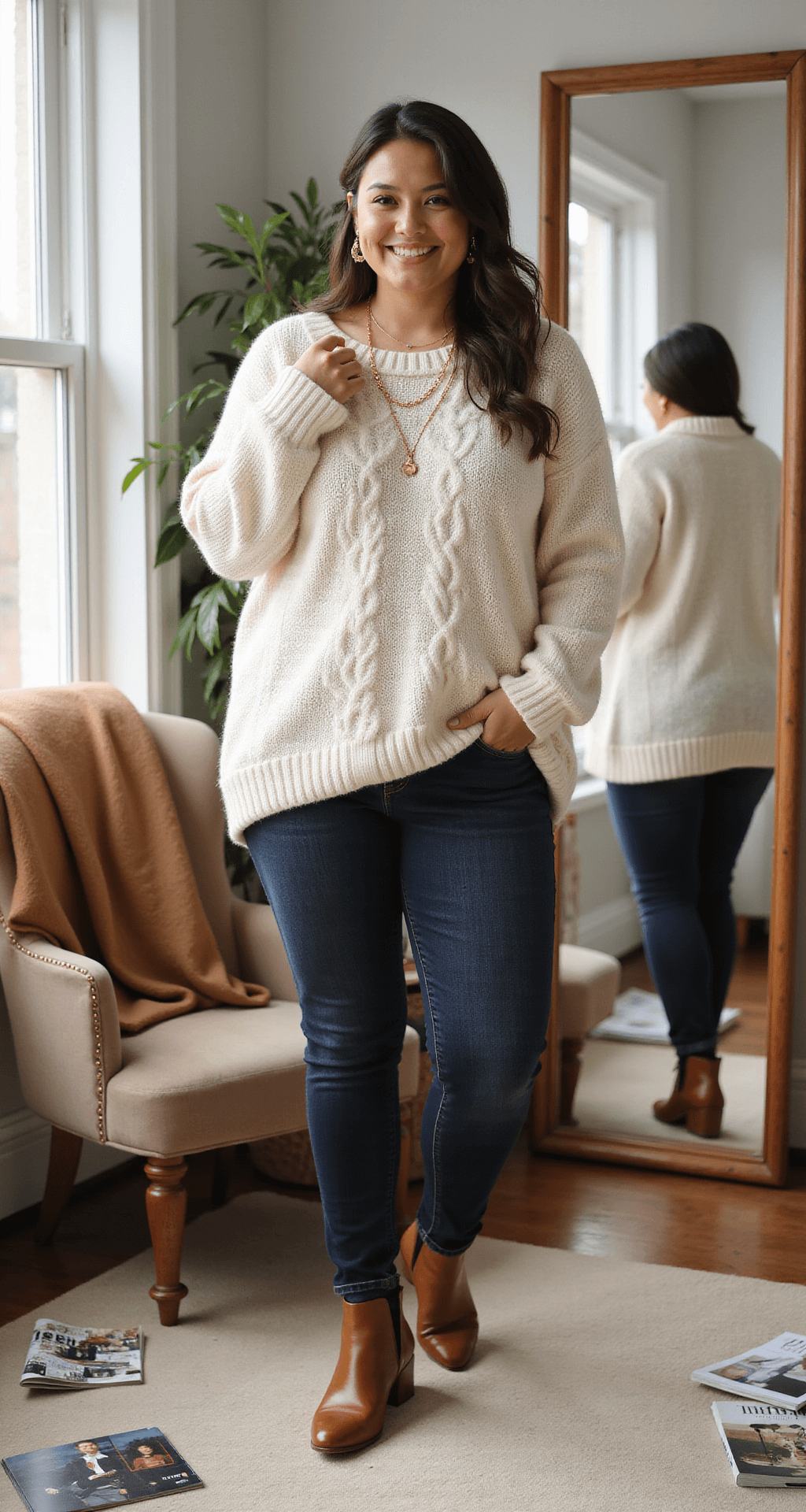 A plus-size model in a cream oversized cable-knit sweater and dark wash skinny jeans adjusts her outfit in a cozy home studio filled with soft morning light. She is surrounded by neutral decor, a camel wool coat on a velvet chair, and scattered fashion magazines, with a focus on the textures of her sweater and jeans.