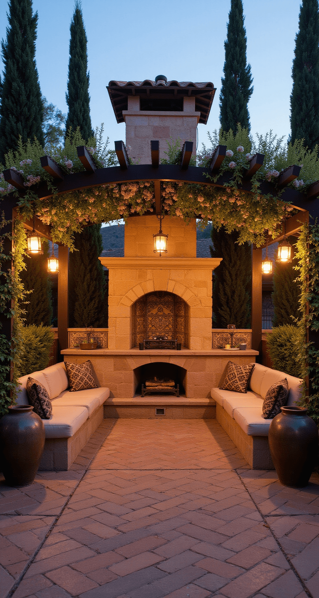 Golden-hour image of a spacious Mediterranean-inspired courtyard featuring a central arched stone fireplace with integrated pizza oven, terracotta tile flooring, curved built-in seating, and a wrought iron pergola draped with flowering vines. Warm light from copper lanterns highlights the ornate mosaic tile backsplash and antique olive jars, framed by lush cypress trees. The color palette includes warm terracotta, deep greens, and rich browns.