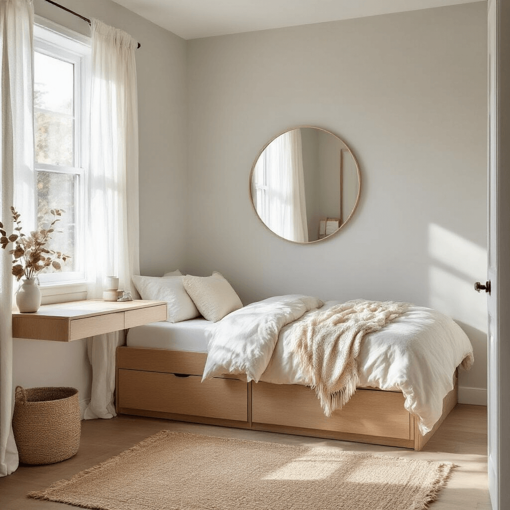 Cozy small bedroom bathed in morning sunlight with sheer white curtains, featuring a multifunctional queen bed with built-in drawers, soft grey accent wall, white walls, and a floating desk-nightstand combo. Decor includes a cream bouclé throw, woven natural fiber rug, and soft ivory linen bedding, with a strategic mirror enhancing space, captured at eye level with shallow depth of field focusing on the bed area.