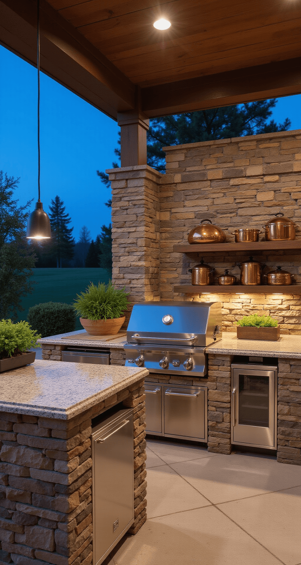Close-up image of a gourmet outdoor grilling station during blue hour, featuring a 48-inch built-in grill, side burners, and warming drawers against granite countertops. The space showcases stone veneer with accent lighting, floating wooden shelves displaying copper cookware, and an herb garden nearby. Pendant lights illuminate the workspace, with a color palette of charcoal, copper, cream, and verde green accents, shot from the cooking position to emphasize functionality.