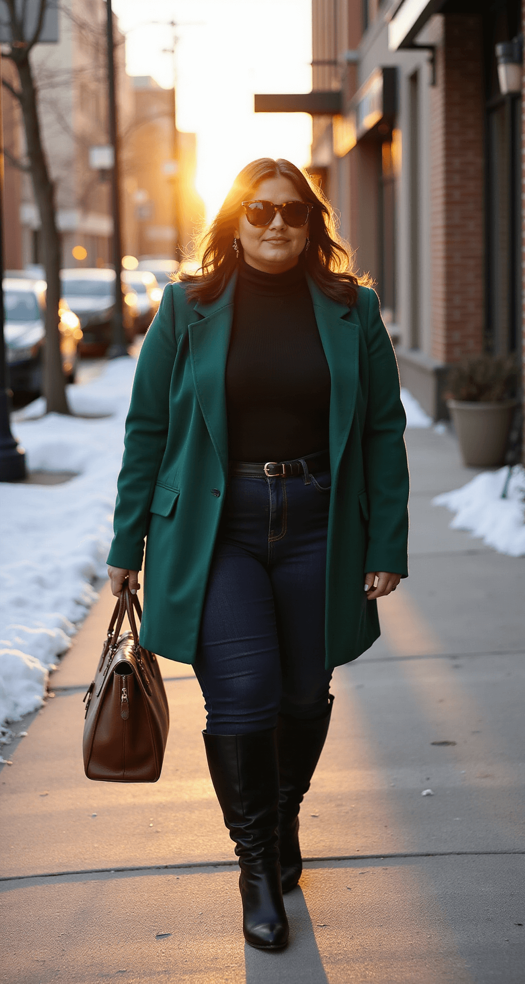 A plus-size woman confidently walks down a snow-dusted urban sidewalk during golden hour, wearing a fitted black turtleneck, emerald blazer, dark high-waisted jeans, and black knee-high boots, with a leather tote and tortoise shell sunglasses; warm sunlight casts dramatic shadows and highlights the textures.