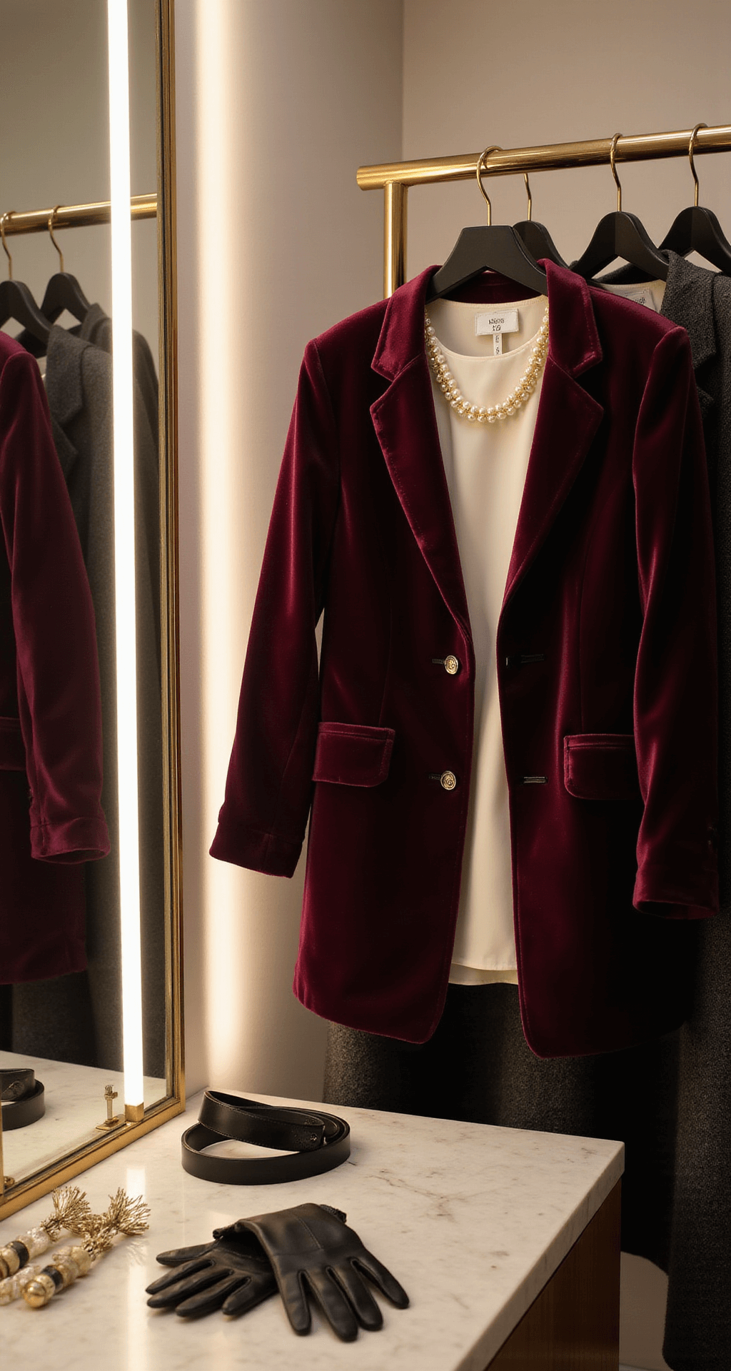 Close-up of a minimalist boutique dressing room featuring a burgundy velvet blazer, ivory silk blouse, and charcoal wool coat on a brass clothing rack. Accessories such as a pearl necklace, black leather belt, and suede gloves are arranged on a marble counter, illuminated by warm LED and natural light.