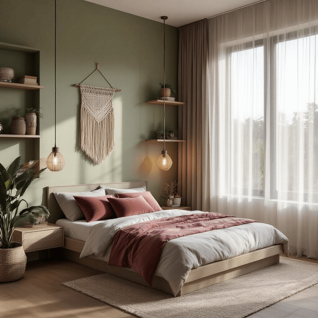 Cozy compact bedroom featuring floor-length sheer curtains, geometric wall-mounted shelving on a sage green accent wall, a slim platform bed with hidden storage, asymmetrical pendant lights, and warm golden hour lighting highlighting macramé wall hanging and dusty rose velvet pillows.