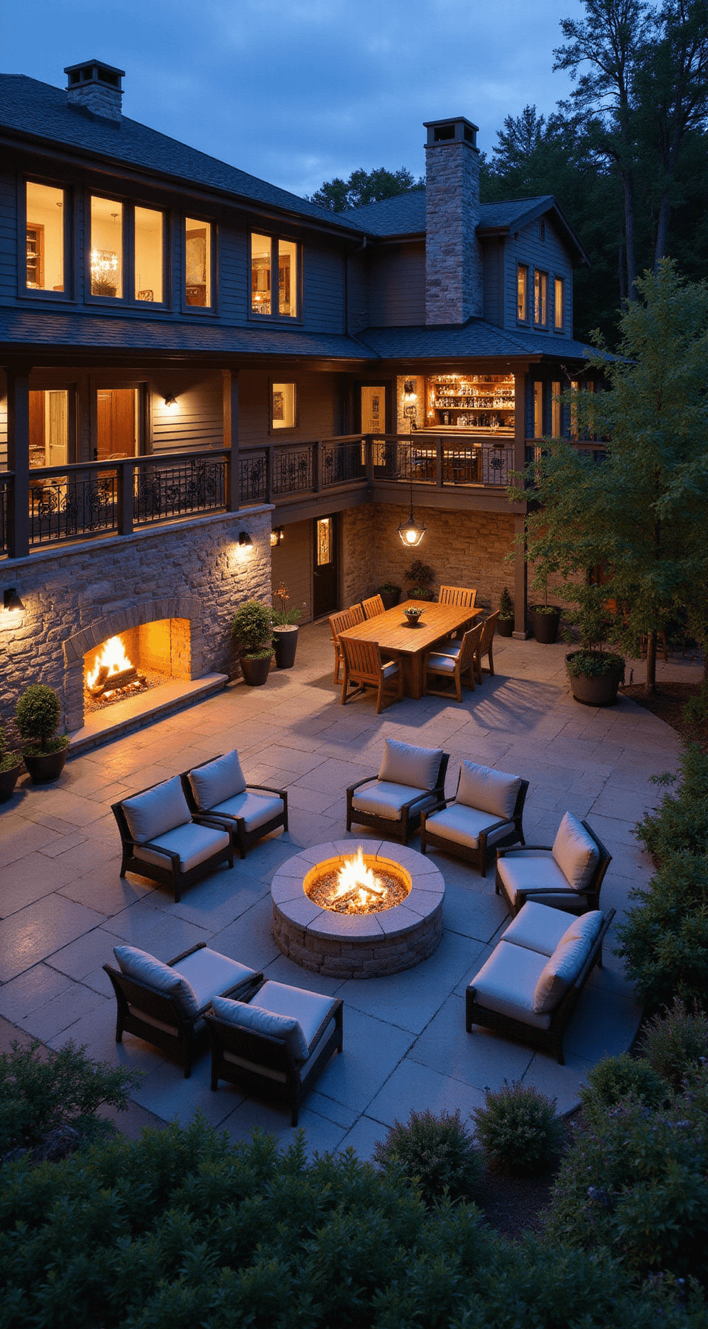 Twilight view of a 30x30ft multi-level patio featuring a central stone fireplace, illuminated bar area with LED-lit shelving, overhead string lights, deep-cushioned seating zones, and a teak dining table for eight, all in a navy and warm white color palette with copper accents.