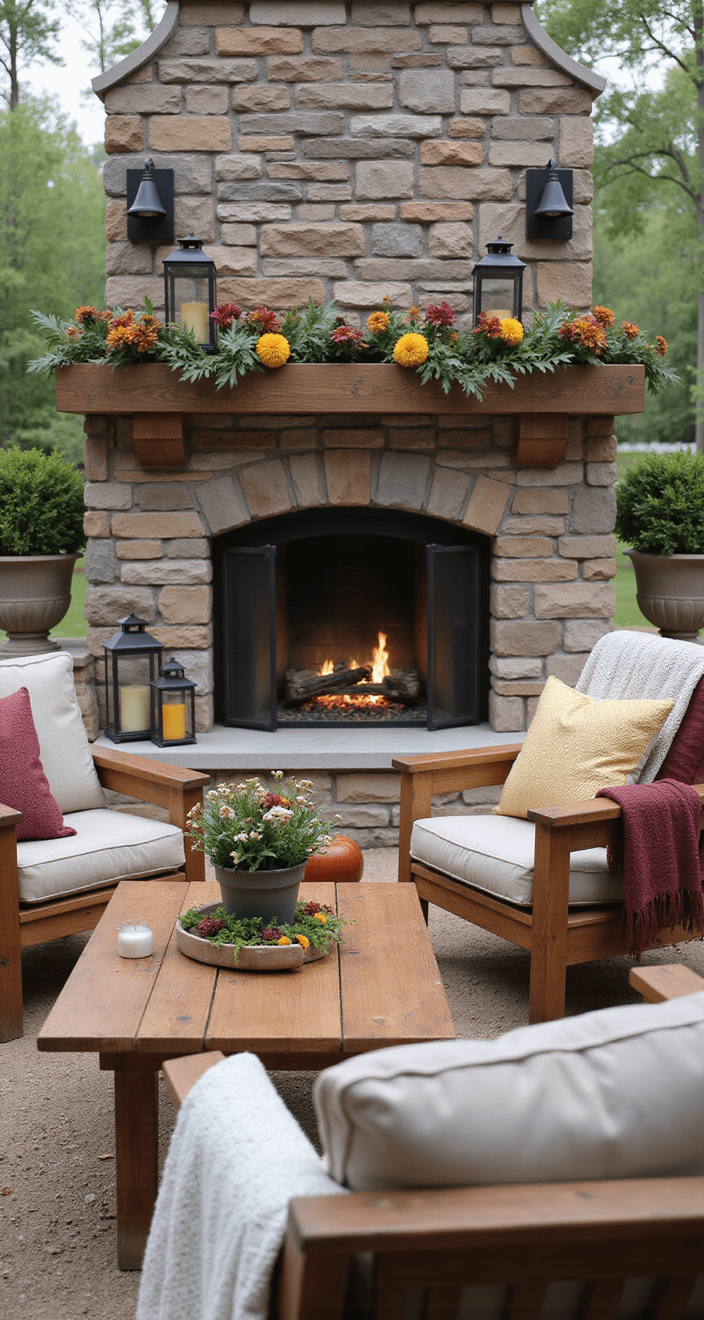 Transitional outdoor kitchen with a stone fireplace adorned with autumn garland and lanterns, featuring mixed material countertops, teak furniture with textured pillows and blankets, integrated planters with seasonal flowers, and vintage-style sconces, all in a cozy burgundy, golden yellow, sage green, and warm gray color palette.