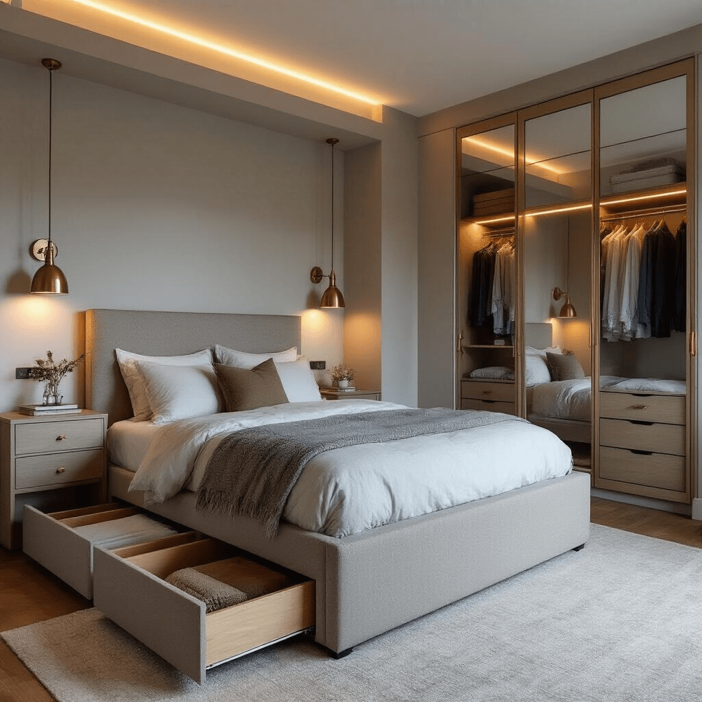 A cozy 8x10ft bedroom featuring clever storage solutions, including under-bed drawers and floating shelves with LED strip lighting, all captured during blue hour with ambient wall sconces, mirrored closet doors, and a blend of cool and warm tones.