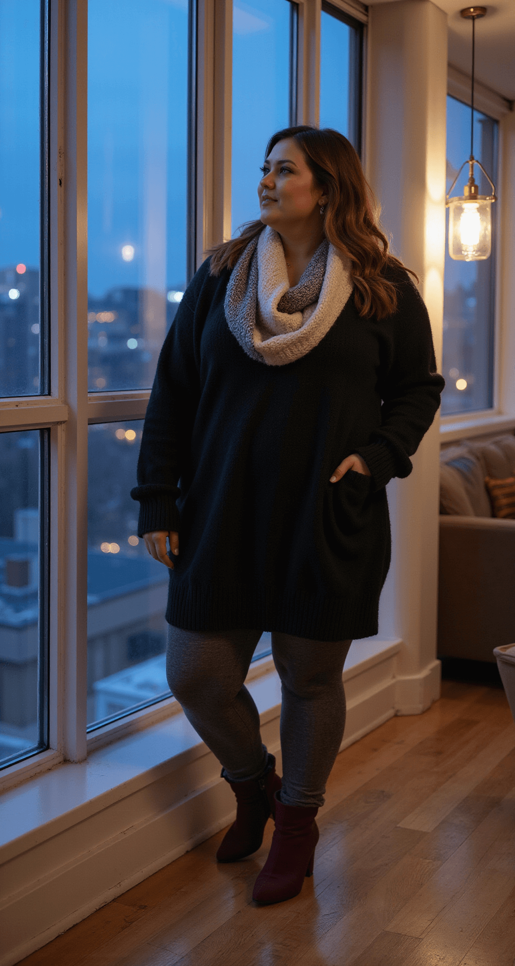 A plus-size model in a black sweater dress and charcoal fleece-lined leggings stands by floor-to-ceiling windows in a modern loft apartment, gazing at city lights during blue hour. She wears burgundy heeled boots and a chunky cream and gray knit scarf draped around her shoulders.