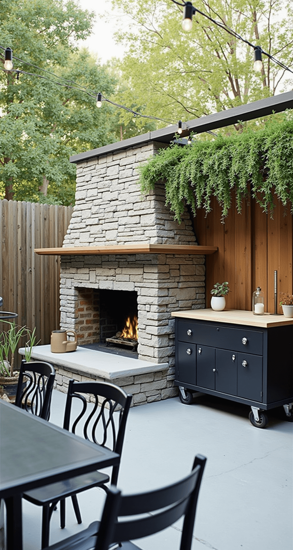 Late afternoon view of a budget-friendly DIY outdoor kitchen, featuring a prefab fireplace with stone veneer, a repurposed industrial cart as a prep station, thrifted matte black chairs, a string light canopy, a container herb garden, and simple concrete countertops, all in an industrial gray, matte black, and natural green color palette.