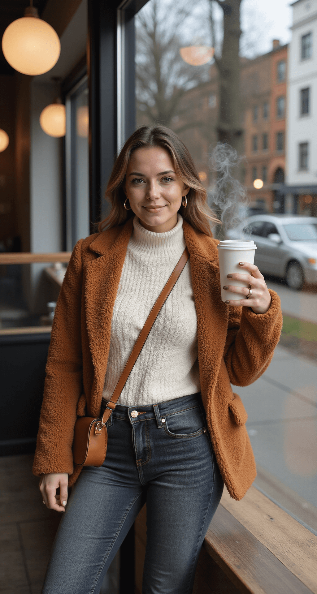 A stylish individual in a caramel brown teddy coat over an ivory thermal top, high-waisted dark denim, and tan suede ankle boots, accessorized with gold hoop earrings and a cognac leather crossbody bag, sits in a bright coffee shop. Steam rises from their coffee cup, seen through the cafe window, captured with an 85mm lens at f/2.0 for a soft focus effect.