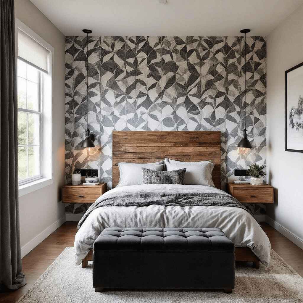 Contemporary small bedroom with abstract geometric wallpaper, walnut floating bedside tables, a reclaimed barn wood headboard, and a charcoal velvet storage ottoman, captured from an elevated angle to showcase the space-saving layout and natural light.