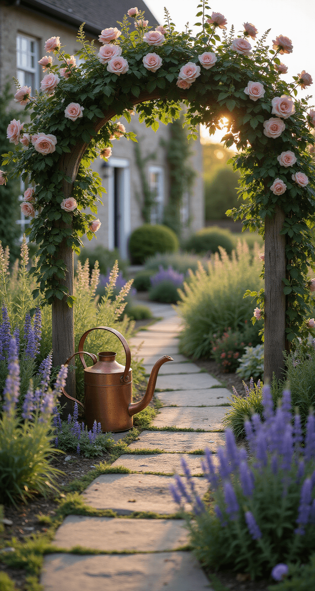 A romantic cottage garden entrance at golden hour, featuring a curved flagstone path lined with lavender, foxgloves, and salvias. Climbing roses drape over a weathered wooden arch, with a vintage copper watering can nestled among the flowers. Soft evening light enhances the dreamy atmosphere, while a blurred cottage facade with ivory climbing roses creates depth in the background.