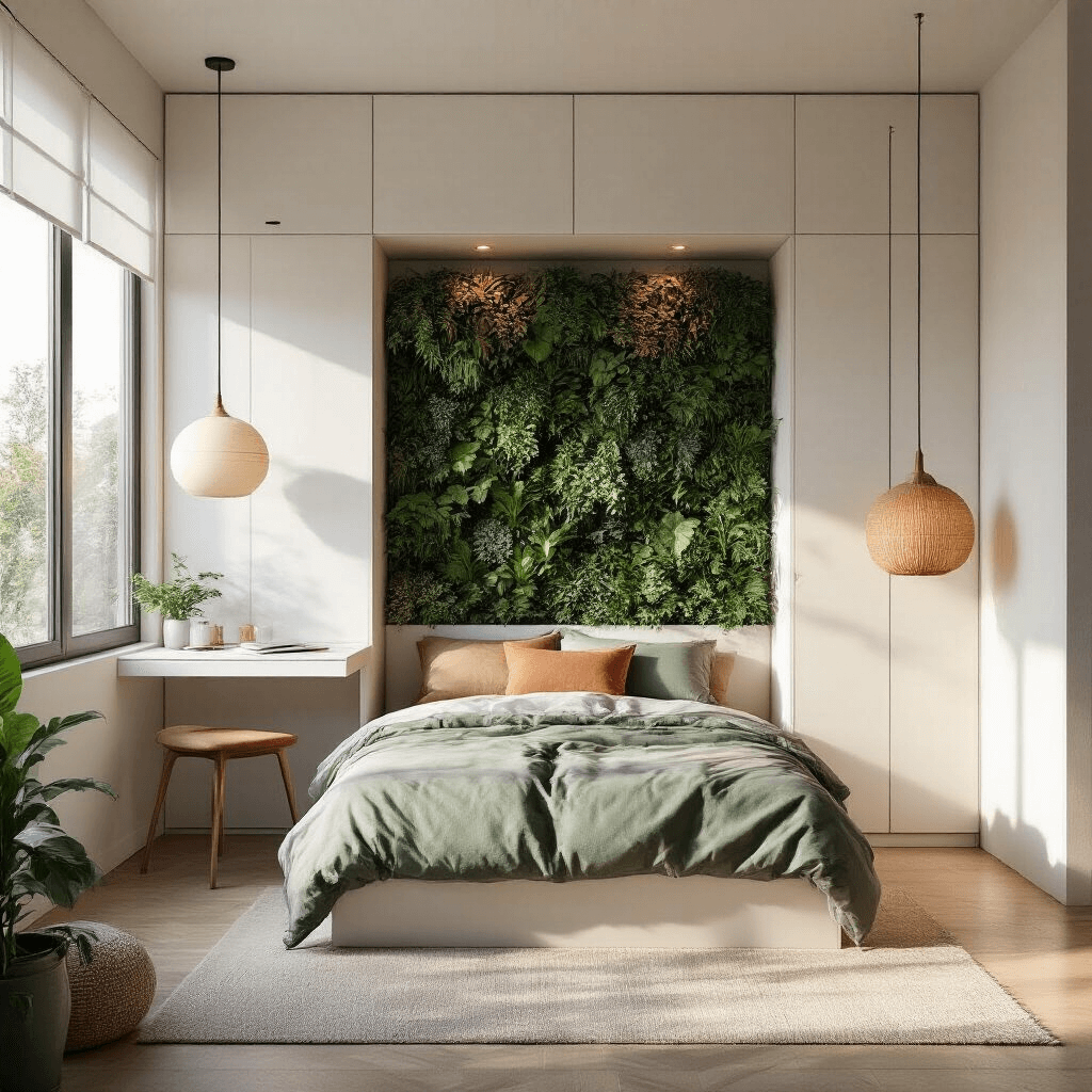 A minimalist bedroom featuring floor-to-ceiling built-in storage, a twin bed with an integrated desk extension, and a vertical garden wall, all illuminated by golden hour light. The room showcases a neutral palette with sage green and terra cotta accents, and a pendant light with an oversized shade casting dramatic shadows. The camera is positioned at bed level, emphasizing the room's length and creating an ethereal atmosphere through strategic mirror placement.