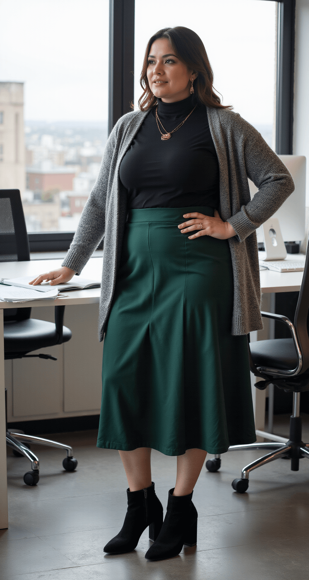 A plus-size model wearing a forest green A-line midi skirt, black fitted turtleneck, and long gray marled cardigan, reviewing documents at a modern desk in a professional office with city views, diffused natural light, and black block-heel boots accessorized with minimal gold jewelry.