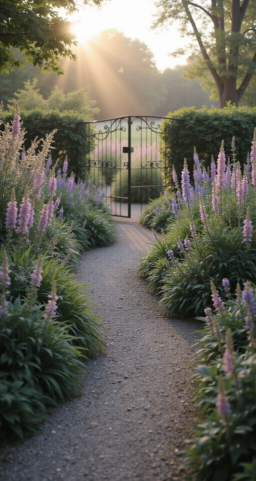 A serene cottage garden pathway at dawn, featuring ornamental grasses illuminated by the first light. The curved gravel path is lined with tall penstemon, delphiniums, and hollyhocks, complemented by an antique wrought iron gate in the middle ground. The scene showcases a soft pink and purple color palette with silver foliage, surrounded by ethereal morning mist.