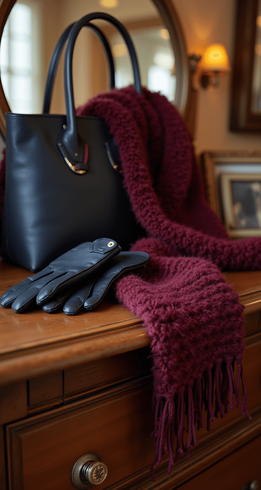 Close-up of a cozy boutique display featuring a plush burgundy scarf with metallic threads, leather gloves lined with cashmere, and a deep navy structured handbag, all arranged on a vintage dresser with an antique mirror backdrop, showcasing rich textures in warm ambient lighting.