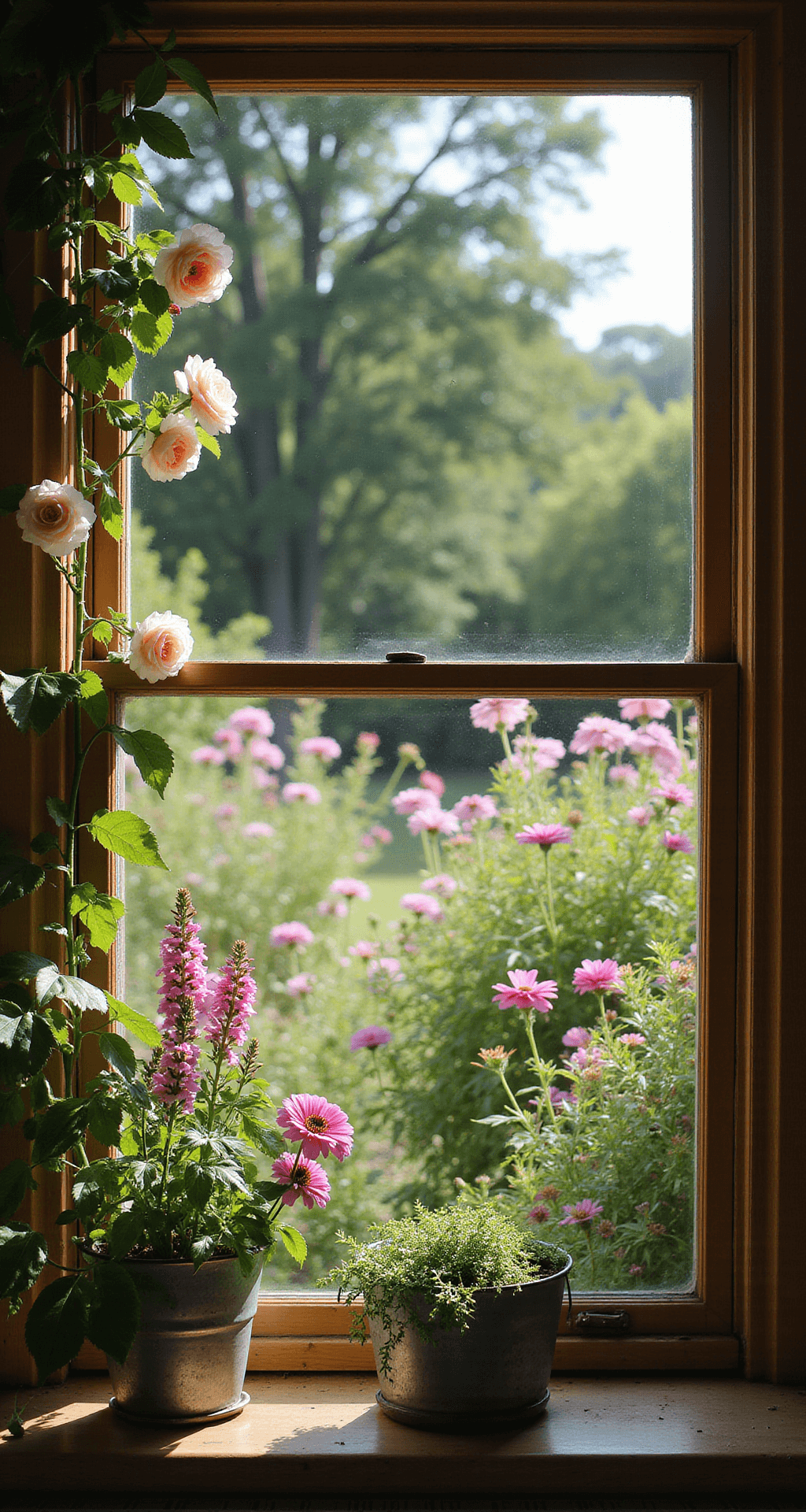 Interior view through a cottage garden window, framed by climbing roses, showcasing a lush garden with pastel-colored flowers like foxgloves and cosmos swaying in the breeze, and vintage zinc containers with herbs on the sill, all illuminated by warm afternoon light.