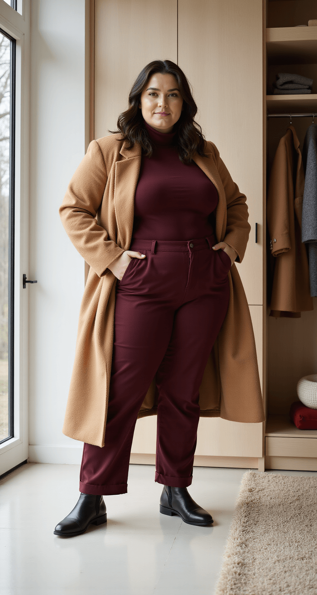 A sunlit minimalist dressing room featuring a plus-size model in a luxurious burgundy turtleneck and high-waisted ponte pants, with a camel wool coat draped nearby and organized winter essentials in open closet sections, shot from a three-quarter angle with soft bokeh effect.