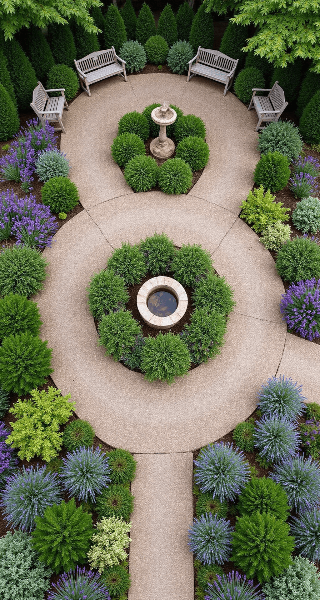 Overhead drone shot capturing a complete cottage garden layout featuring curved pathways, rustic benches, a stone bird bath, and vibrant plant masses of lavender, roses, and perennials arranged in soft color progression, all framed by natural stone walls under even midday lighting.