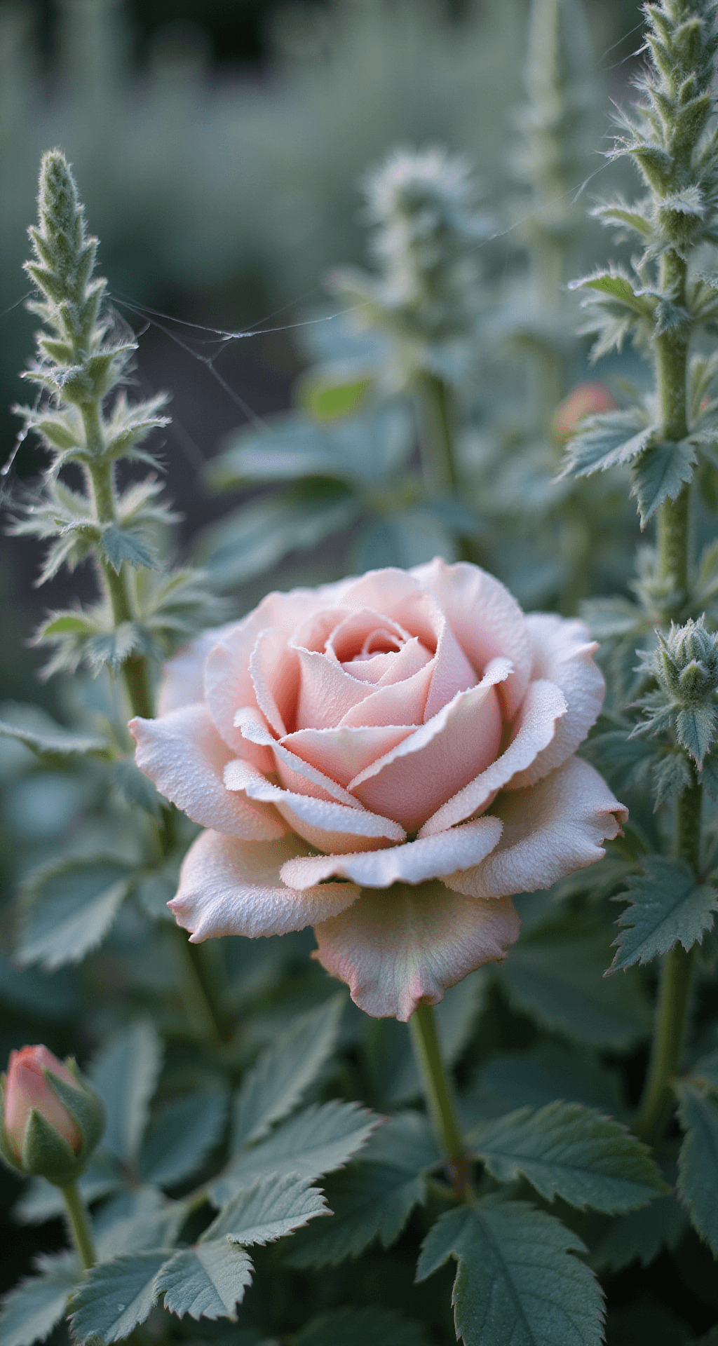 Close-up of a dew-covered pink rose bloom surrounded by silver artemisia in a cottage garden at dawn, featuring delicate petals, soft blush and sage green tones, and spider webs illuminated by morning light, captured with a shallow depth of field.