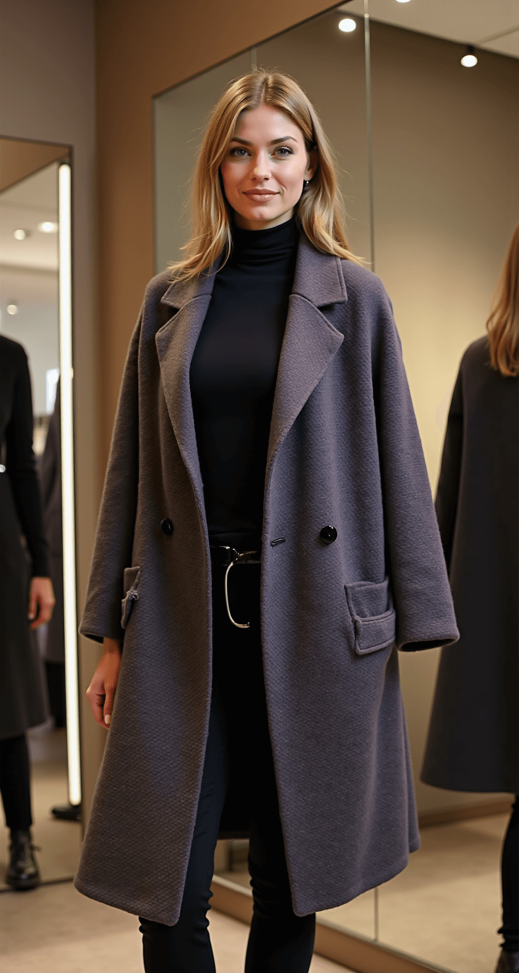 A modern boutique fitting room featuring warm, diffused lighting, showcasing a close-up of a thin black stretchy base layer, a statement purple cashmere cardigan, and a structured charcoal gray wool coat, with a metallic full-length mirror reflecting multiple angles.