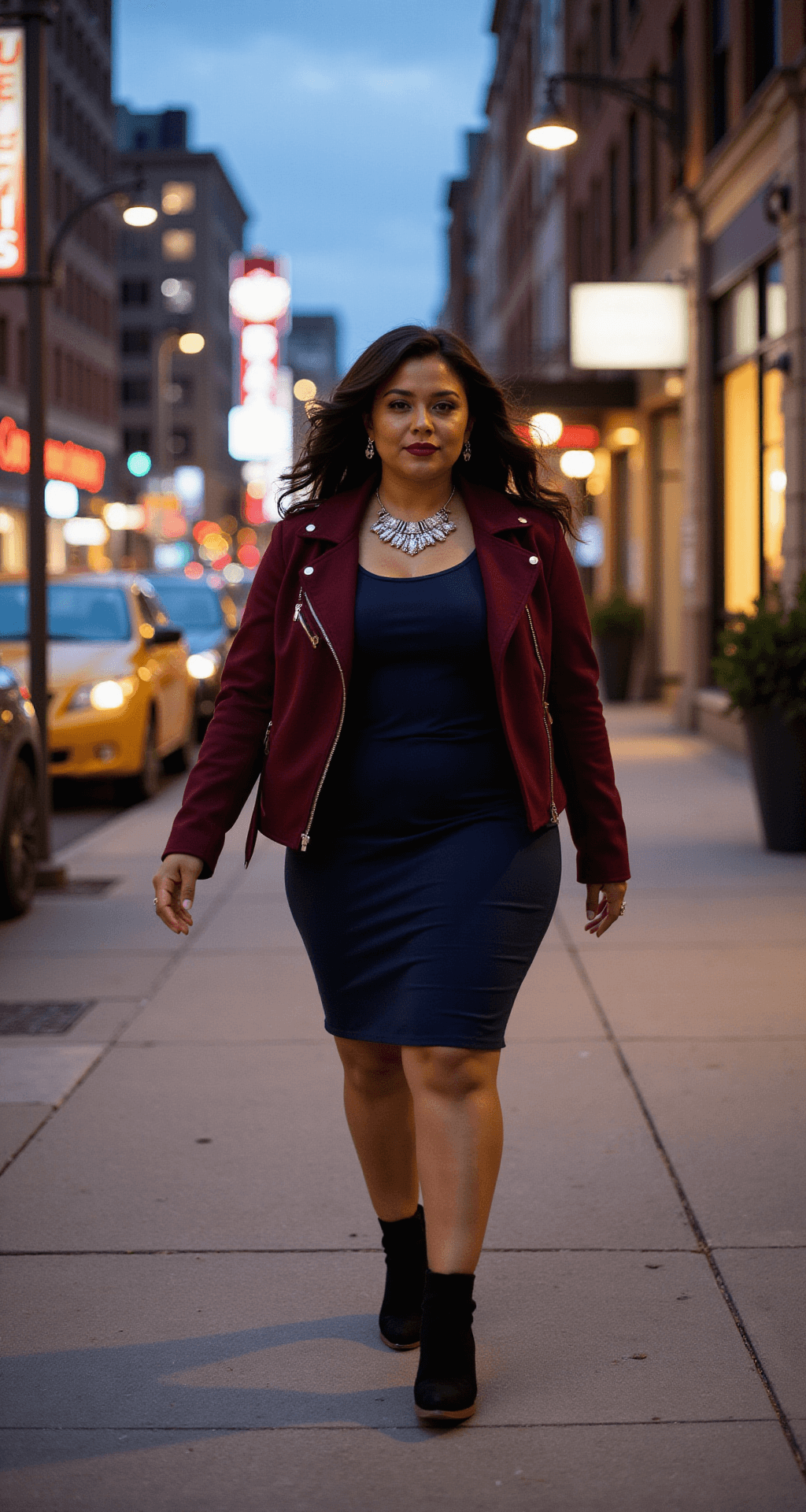 A plus-size model in a fitted navy dress and burgundy moto jacket strides through a downtown street at dusk, illuminated by city lights and professional flash, with a statement silver necklace and block-heeled boots enhancing her sophisticated look.