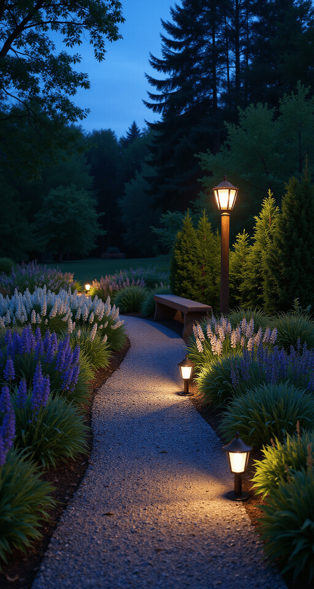 A twilight garden scene featuring an illuminated gravel path lined with copper path lights, casting a warm glow on overhanging plants. Silhouetted mixed borders create depth, while purple salvias and white moonflowers add evening interest. A vintage lantern on a rustic post enhances the romantic ambiance against a cool blue twilight sky visible through the trees.