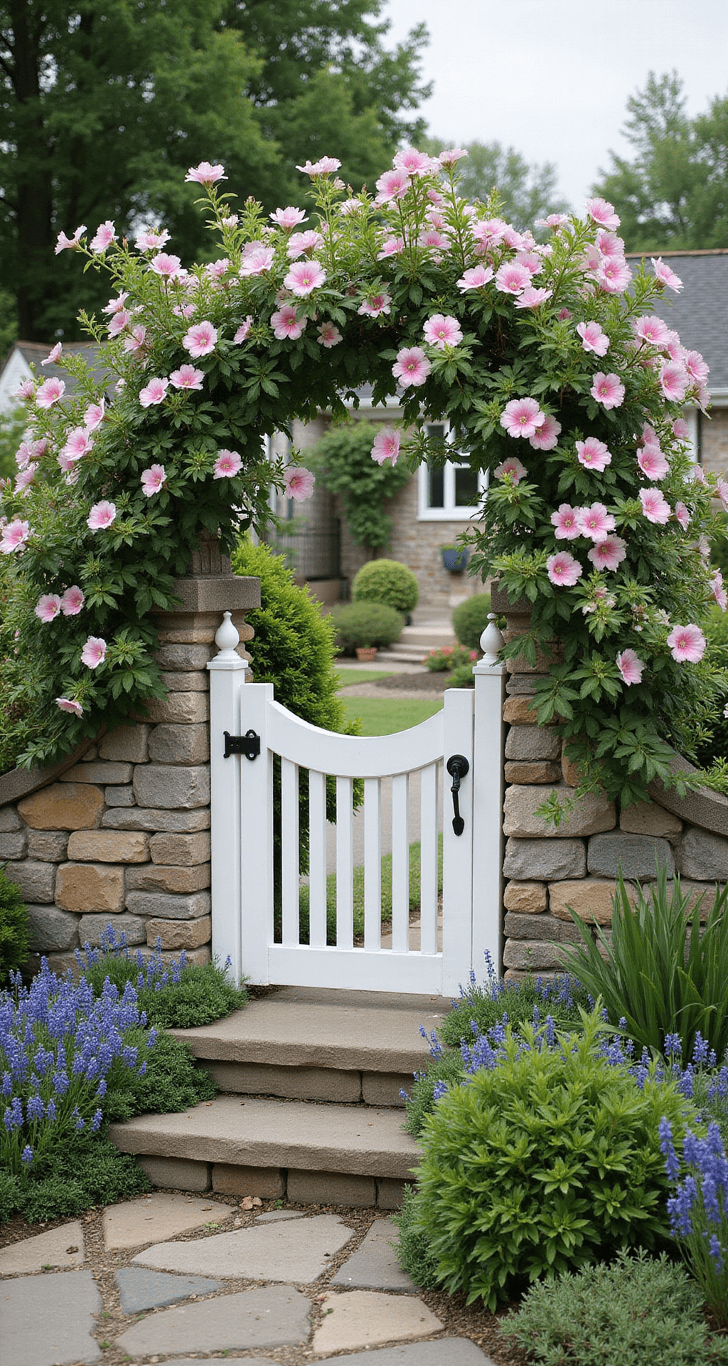 Side angle view of a cottage garden entrance in spring, featuring a white picket gate surrounded by billowing phlox, campanula, and climbing roses. Natural stone steps with creeping thyme and cottage architectural details are visible in soft overcast lighting.