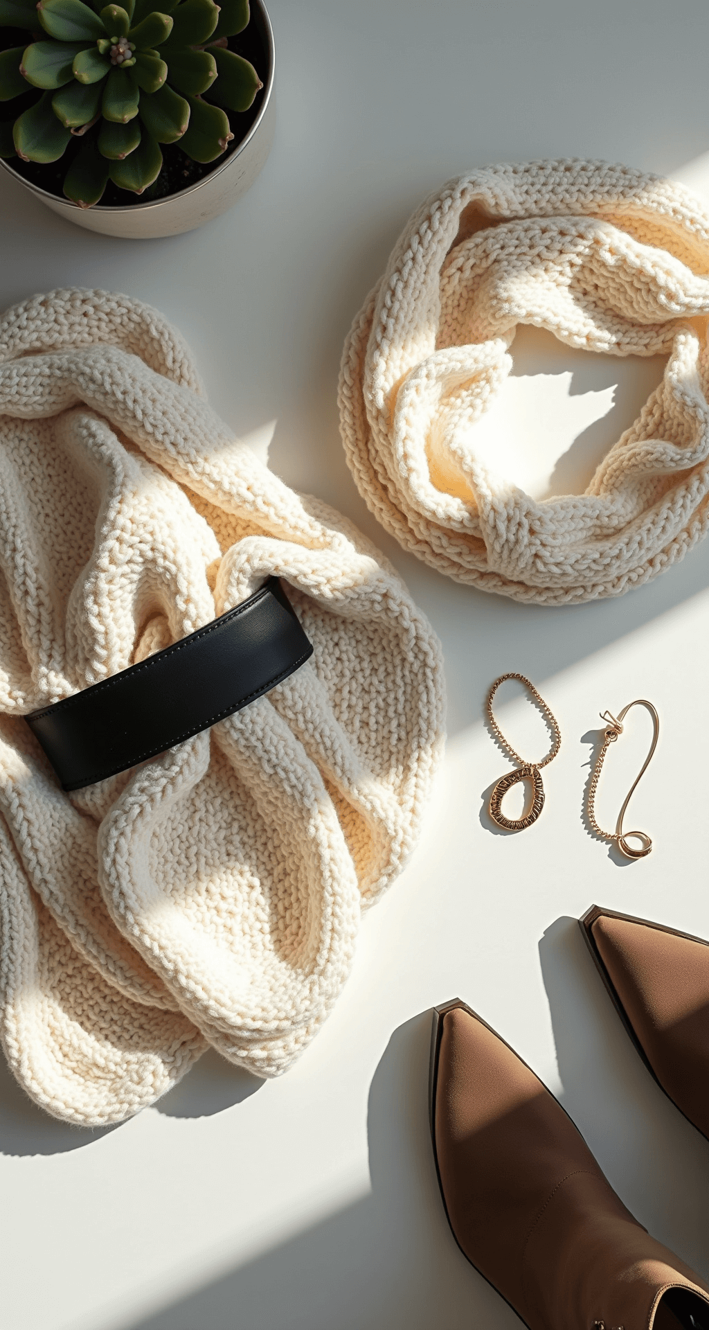 Top-down view of a bright home studio featuring a winter-inspired flat lay of a wide black leather belt, a chunky cream infinity scarf, rose gold statement jewelry, and taupe suede ankle boots, illuminated by natural daylight from a skylight, highlighting the textures of the fabrics with a soft focus on details.