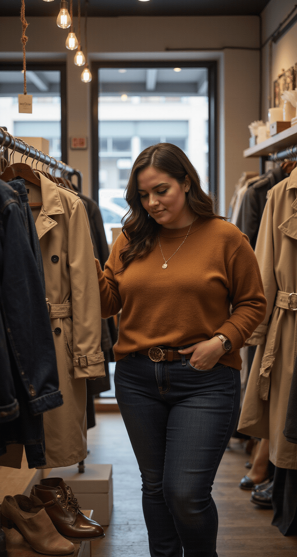 A plus-size fashion blogger explores a vintage thrift store filled with afternoon light, closely inspecting a camel cashmere sweater, dark wash designer denim, and a classic trench coat amidst a warm and inviting atmosphere.