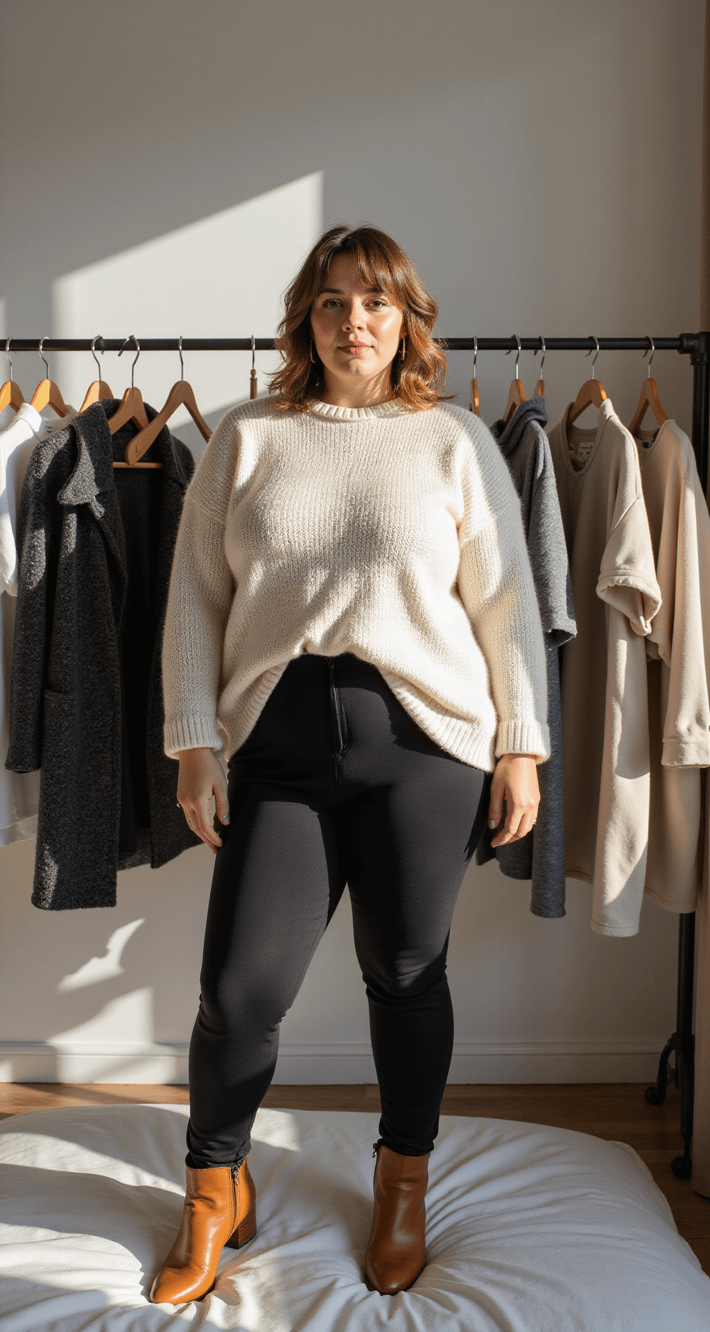 Contemporary bedroom at sunrise featuring a curated plus-size capsule wardrobe collection, including oversized cream and charcoal knit sweaters, high-waisted black leggings, cognac leather boots, and neutral layering tees, with dramatic shadows from morning light across organized clothing displays.