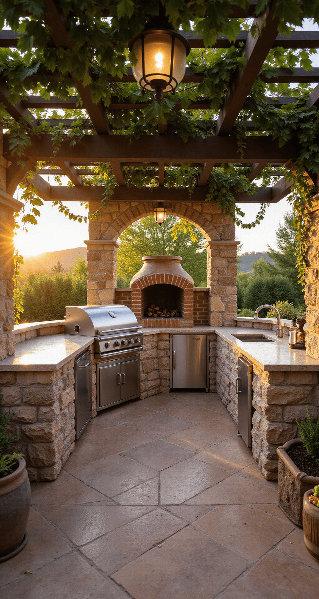 A luxurious Mediterranean-style outdoor kitchen featuring a 48-inch stainless steel grill and a rustic wood-fired pizza oven, surrounded by stone archways and terracotta tiles, with weathered limestone countertops and a copper farmhouse sink, all illuminated by warm golden hour light filtering through flowering vines on a wooden pergola.