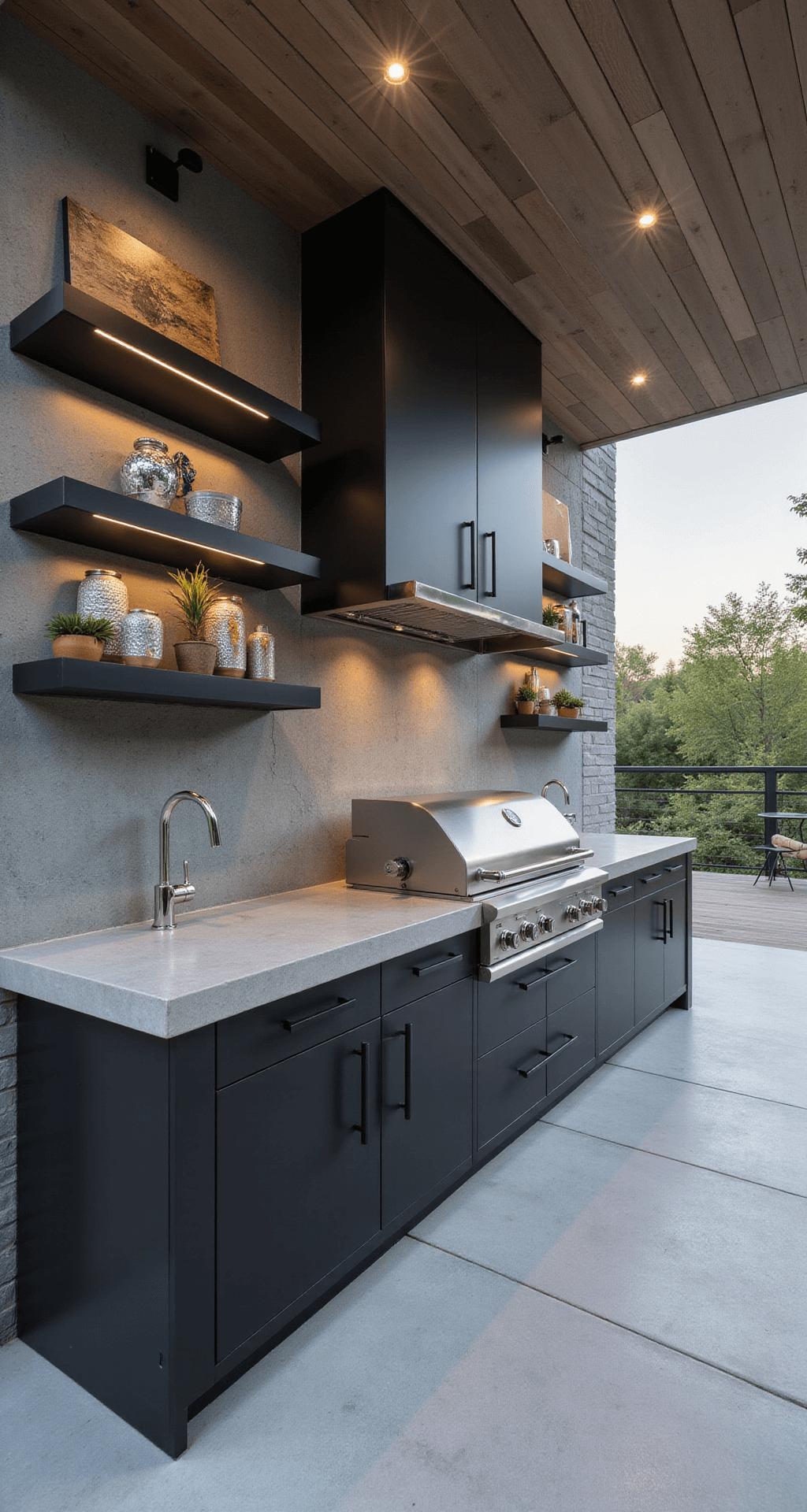 Modern minimalist outdoor kitchen with polished concrete countertops, matte black cabinetry, and a sleek built-in grill, featuring chrome fixtures and a geometric tile backsplash, captured in a high-angle architectural shot.