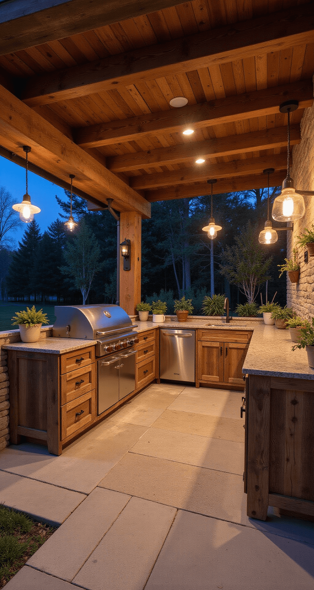 Rustic outdoor kitchen under a cedar-beam pavilion, featuring reclaimed barn wood cabinets, natural stone countertops with live edge, and vintage pendant lights, captured during blue hour to emphasize warm earthy tones and textured wood.