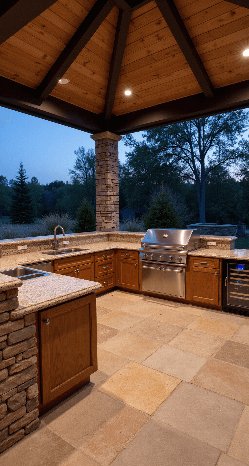 High-end outdoor kitchen at twilight featuring a 600 sq ft open-concept design with a vaulted ceiling, professional-grade appliances, quartzite countertops, custom teak cabinetry, and dramatic lighting.