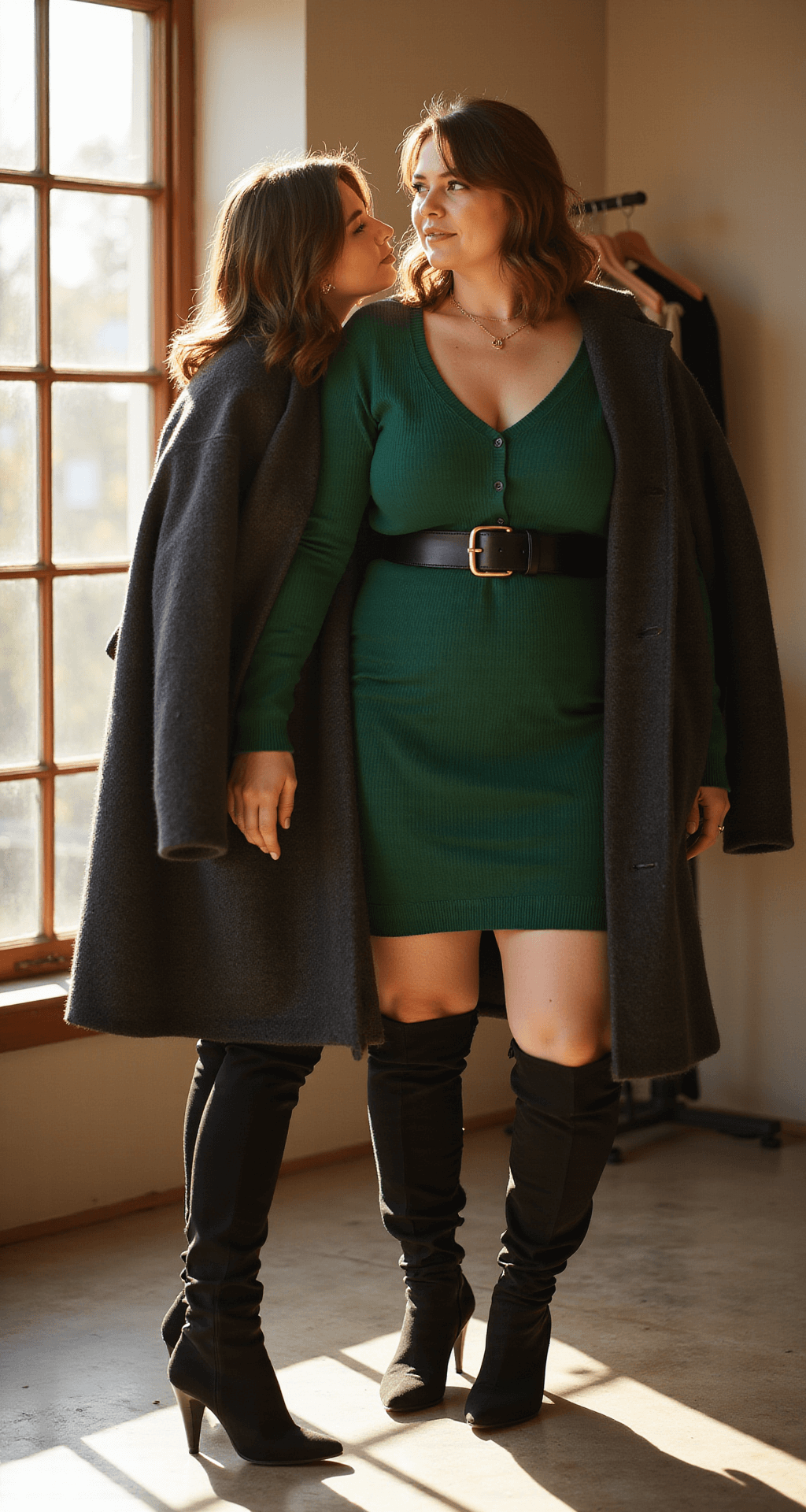 A plus-size model in a fitted emerald green sweater dress and black over-the-knee boots admiring her reflection in a sunlit minimalist boutique fitting room, with a charcoal wool coat draped over her shoulder and delicate gold jewelry, captured in warm afternoon light.