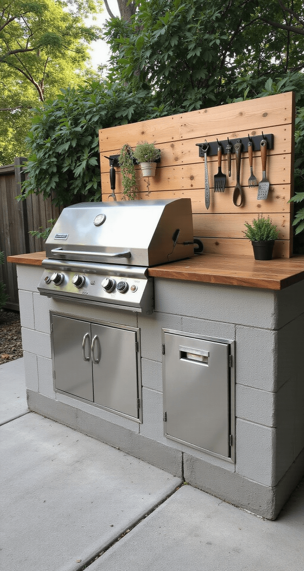 A budget-friendly DIY outdoor kitchen featuring a stainless steel grill on a concrete block base with sealed wooden countertops, modular layout, metal storage solutions, and potted herbs, captured in morning light at f/11 to highlight practical organization and fresh green accents amidst a neutral backdrop.