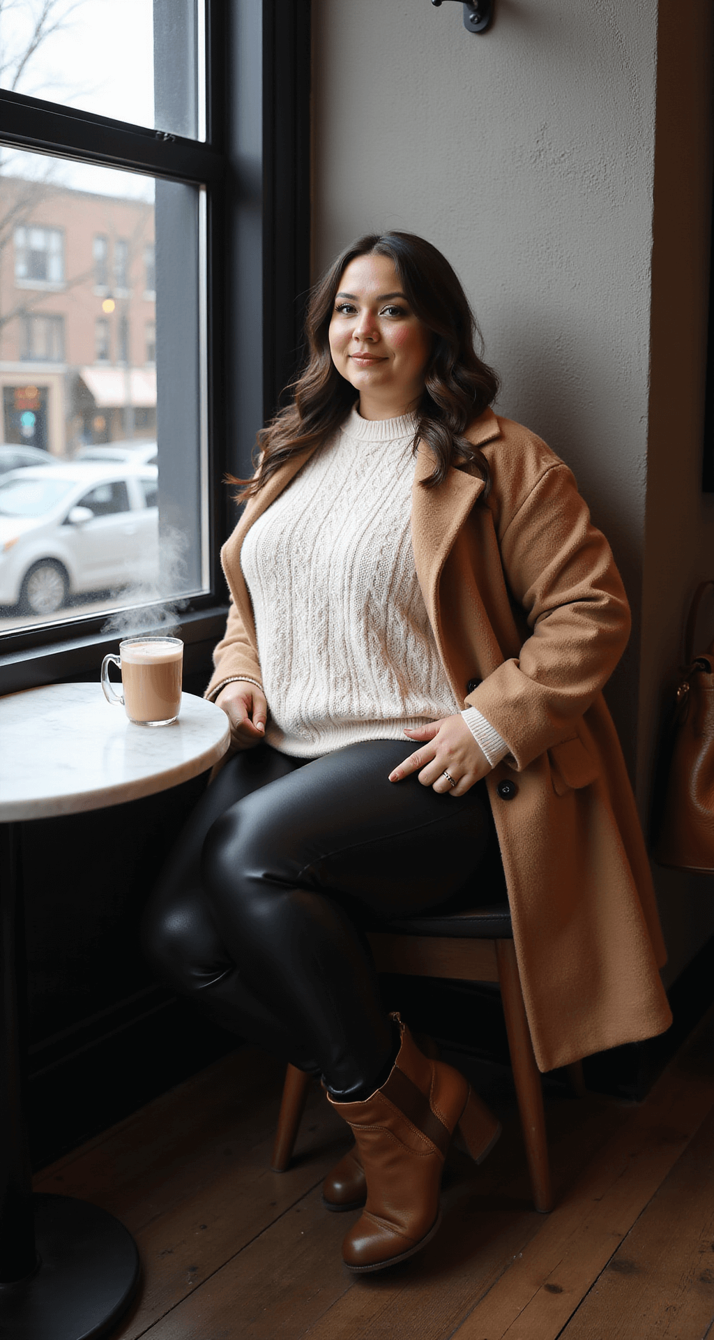 A plus-size influencer poses in a cozy urban coffee shop corner on an early winter morning, wearing black faux leather leggings, an oversized cream cable-knit sweater, and a camel wool coat. Steam rises from a latte on a marble table beside her cognac leather handbag, with soft window light creating dramatic shadows that highlight the textures of her outfit. The scene is captured at eye level with a shallow depth of field.